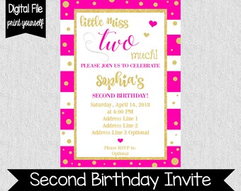 Little Miss Two Much Birthday Invitation - I'm Two Much Birthday Invitation - Pink, Gold, White Birthday Invitation - 2nd Birthday Invite