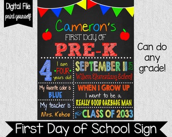 First Day of School Sign - First Day of Pre-K - Any Grade - Boy&#39;s First Day of School Sign - First Day of School Chalkboard - School