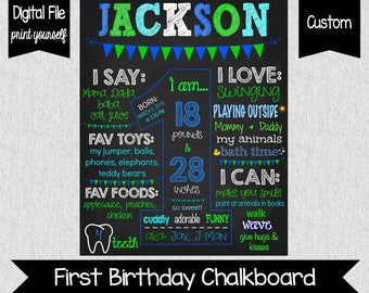 Boy's First Birthday Chalkboard Sign - DIGITAL - Printable - Green and Blue - First Birthday Sign - First Birthday Sign - Blue 1st Birthday