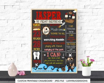 May include: A black chalkboard style printable sign with a pirate theme for a first birthday. The sign features a red and white pirate ship, a pirate holding a sword, and the name "Jasper" in red letters. The sign includes details about the child's age, weight, height, and favorite activities. The text "Ahoy! Captain Jasper is one" is at the bottom of the sign.