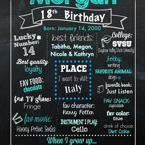 Girl's 18th Birthday Chalkboard Sign Digital File Any Color Scheme Available Teenage Birthday Poster About Me Eighteen Sign image 6