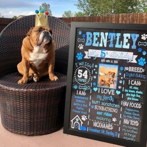 Blue Dog 5th Birtbday Sign -Print Yourself Dog Chalkboard - Dog Birthday Gift - 1st Barkday - Any Age - Puppy Party Decorations - Bones Paws
