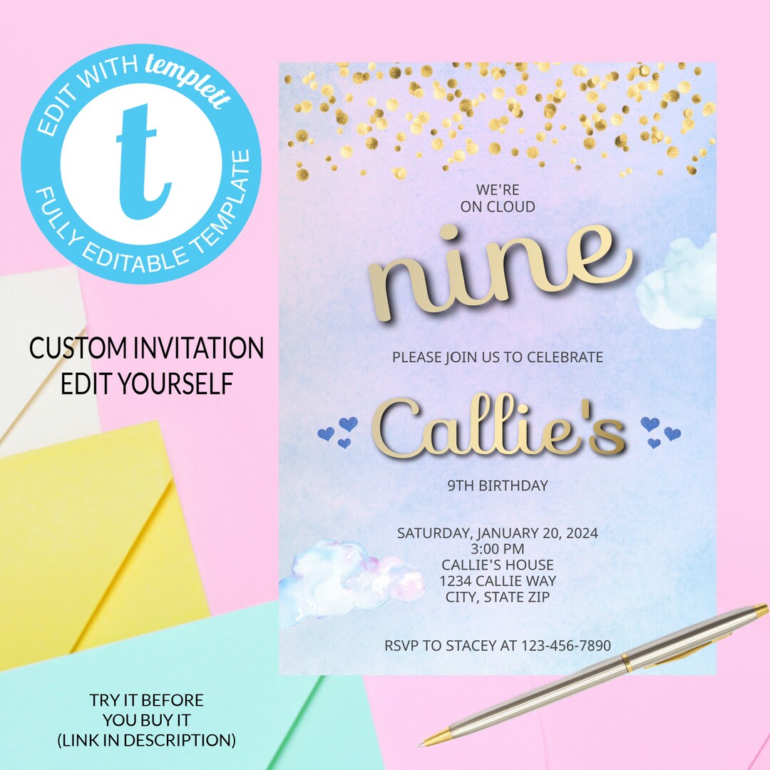 Edit Yourself Cloud Nine Birthday Invitation - Girls 9th Birthday ...