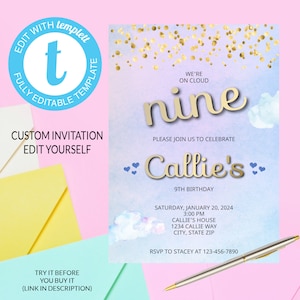 Edit Yourself Cloud Nine Birthday Invitation - Girls 9th Birthday Invitation - Cloud 9 Party - Digital Invites - Evites - Print Yourself