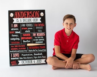 May include: A black chalkboard sign with white text and red accents announcing "Anderson is a decade old!" The sign lists Anderson's favorite foods, drinks, desserts, and baseball teams. A young boy wearing a red polo shirt and black shorts sits in front of the sign.