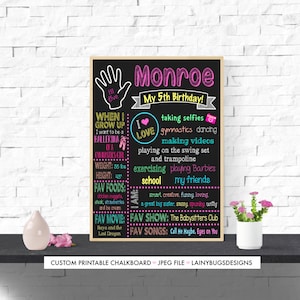 Placa de quadro negro para meninas de 5º aniversário - Quadro negro para impressão de 5º aniversário - Quadro negro de aniversário High Five - Placas de 5º aniversário - 5 anos de idade