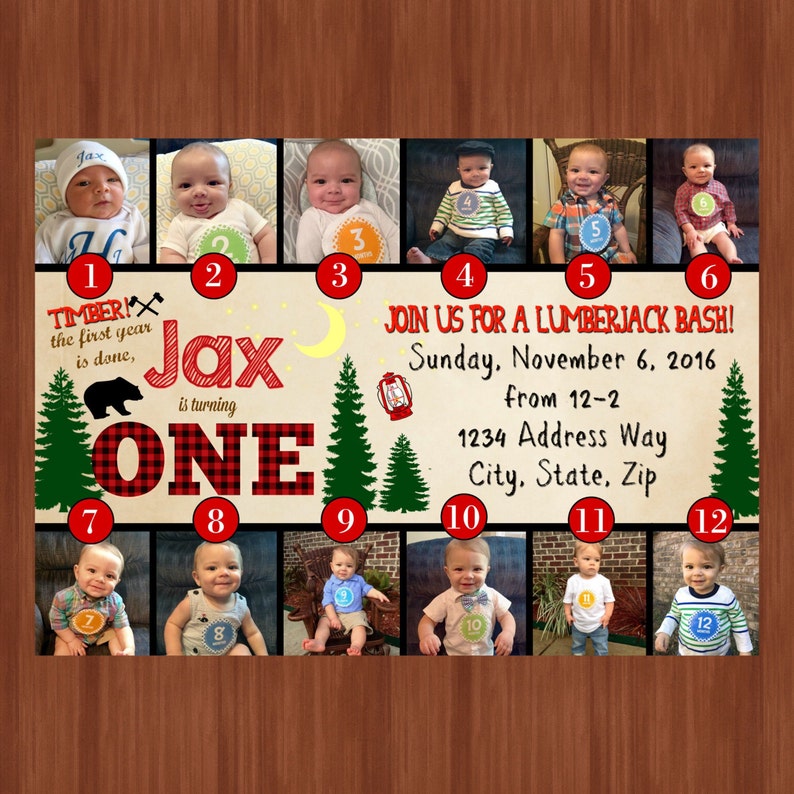 Lumberjack First Birthday Invitation Lumberjack Woods Monthly Photos Lumberjack Invitation with Photos Collage Flannel Forest image 2