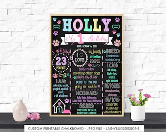 Adorable Dog Birthday Chalkboard Sign - Print Yourself - Pink, Purple, Blue, Mint, Yellow Chalkboard - First Birthday Sign - 1st Barkday