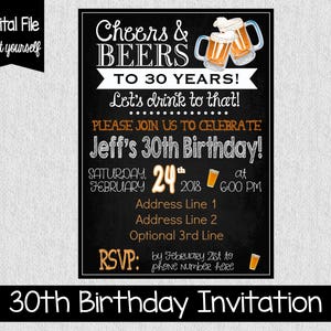 30th Birthday Party Invitation Any Age Digital Adult Birthday Invitation Cheers & Beers Cheers to 30 Years Dirty 30 30th image 1