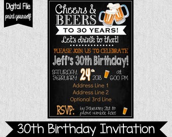 30th Birthday Party Invitation  - Any Age - Digital - Adult Birthday Invitation - Cheers & Beers - Cheers to 30 Years - Dirty 30 - 30th