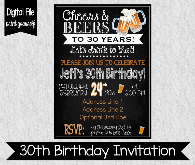 30th Birthday Party Invitation Any Age Digital Adult Birthday Invitation Cheers & Beers Cheers to 30 Years Dirty 30 30th image 1