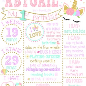Unicorn First Birthday Sign - One Year Old Girl Birthday Poster ...