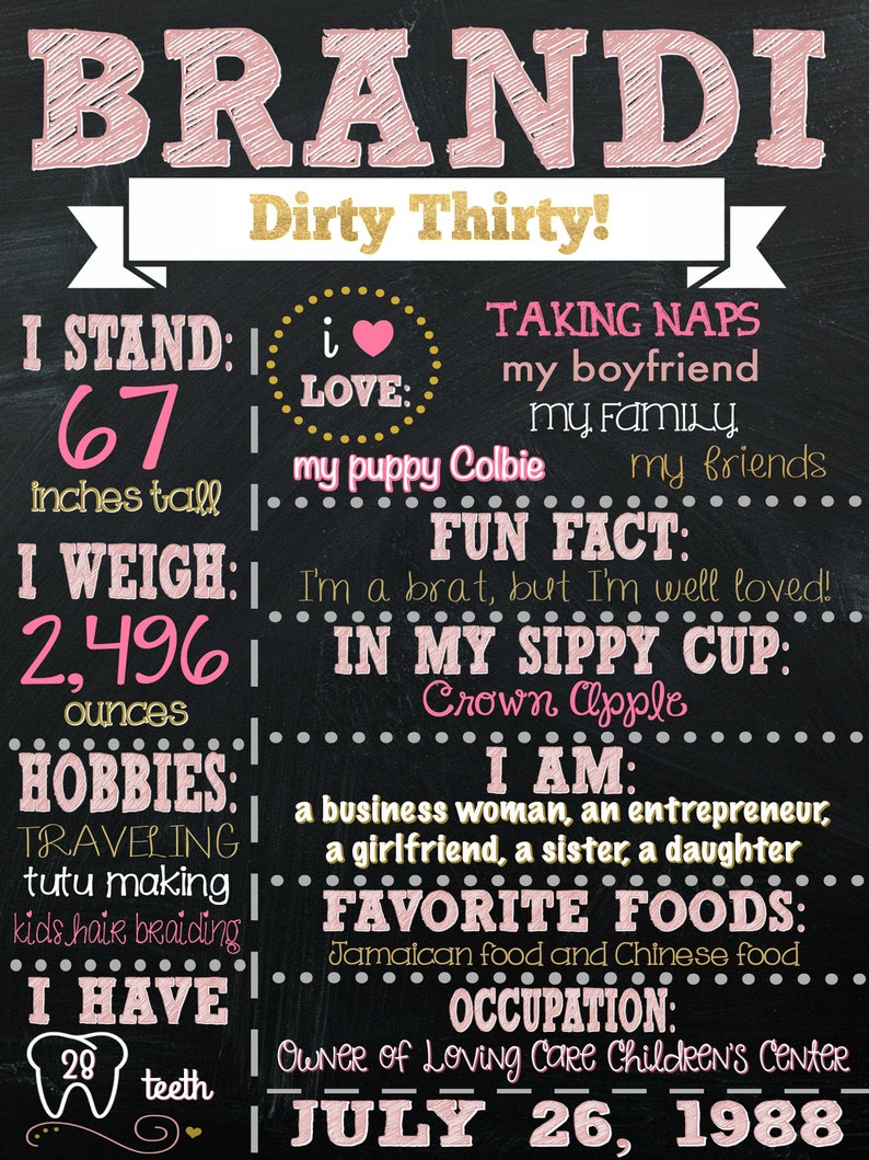 May include: A black chalkboard with pink and gold text celebrating a 30th birthday. The text includes the name "Brandi", "Dirty Thirty!" and details about the person's height, weight, hobbies, favorite foods, and occupation. The date "July 26, 1988" is also included.