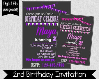 Pink Second Birthday Invitation - Any Age - Any Color - Girl Birthday Invitation - Pink Birthday Invitation - Girls 2nd Birthday - Digital