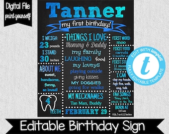 Blue Ombre First Birthday Chalkboard - Digital - Edit Yourself - Blue First Birthday Sign - Blue Ombre Party - Boys 1st Birthday Sign