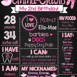 May include: A chalkboard style birthday sign for a girl named Emma-Claire celebrating her 2nd birthday. The sign includes details about her age, height, weight, favorite foods, and things she can do. It also includes a list of her nicknames: Emma, Emmie, Emmie-Lou, and Red. The sign is decorated with pink hearts, stars, and a ballerina.