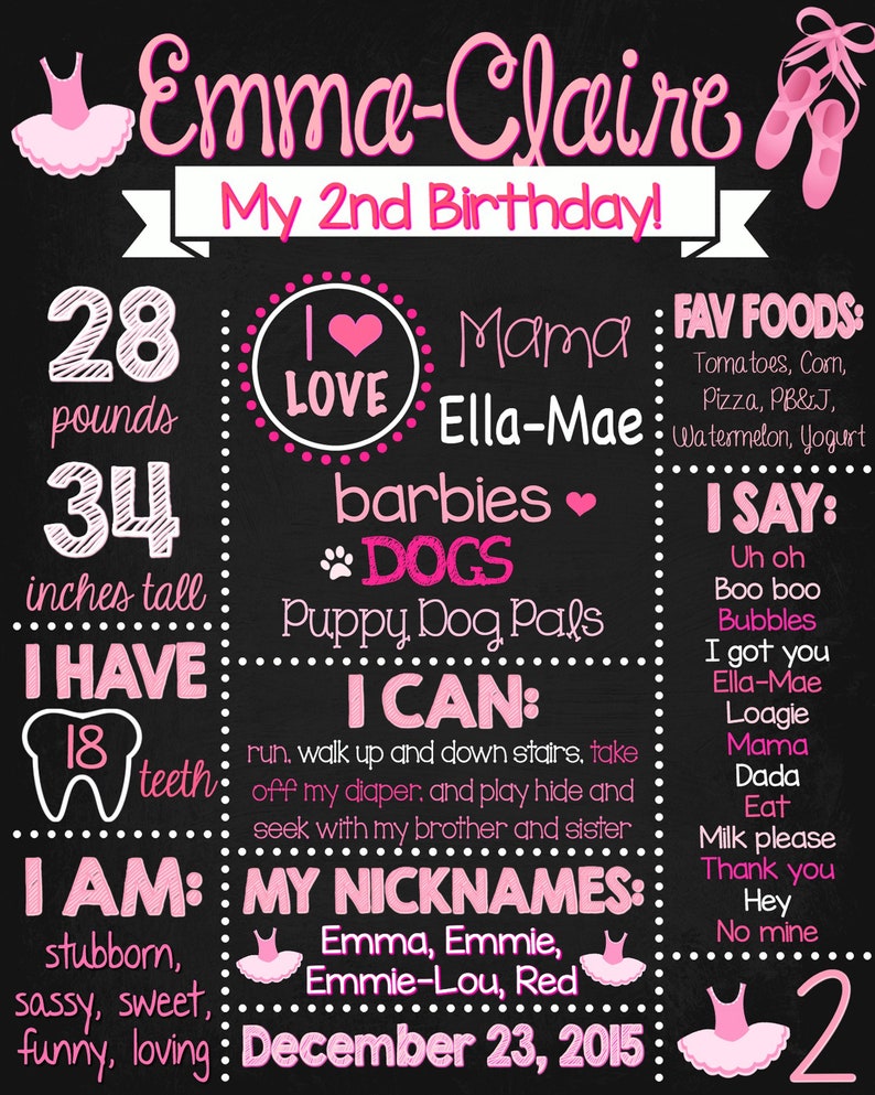 May include: A chalkboard style birthday sign for a girl named Emma-Claire celebrating her 2nd birthday. The sign includes details about her age, height, weight, favorite foods, and things she can do. It also includes a list of her nicknames: Emma, Emmie, Emmie-Lou, and Red. The sign is decorated with pink hearts, stars, and a ballerina.