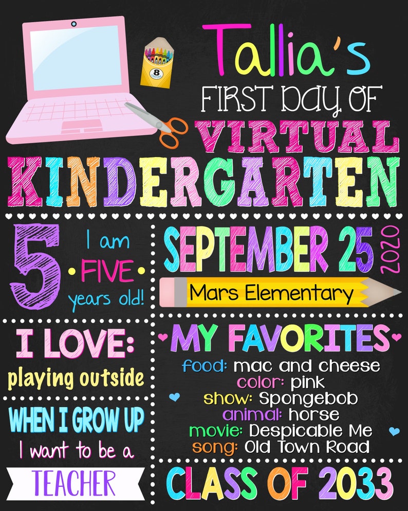 Any Grade Print Yourself First Day of Virtual Learning Sign Distance First Day of School Chalkboard Virtual Kindergarten Sign
