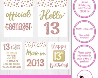 Letreros imprimibles para 13.º cumpleaños - Decoración divertida para fiesta de 13.º cumpleaños - Regalo de cumpleaños para adolescentes en oro rosa - Fácil de imprimir - Letreros de fiesta de última hora