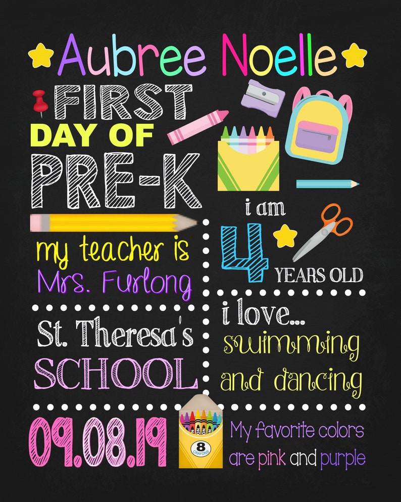 First Day of Prek Chalkboard Sign Print Yourself First Etsy