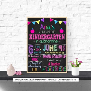 Kreidetafel am letzten Schultag des Mädchens - Letzter Tag des Kindergartens in Quarantäne - Zum Selbstausdrucken - Beliebige Note