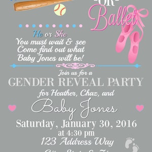 Gender Reveal Party Invitation Baseball or Ballet He or She What will baby be Digital Item Invitation Gender Reveal Party image 2