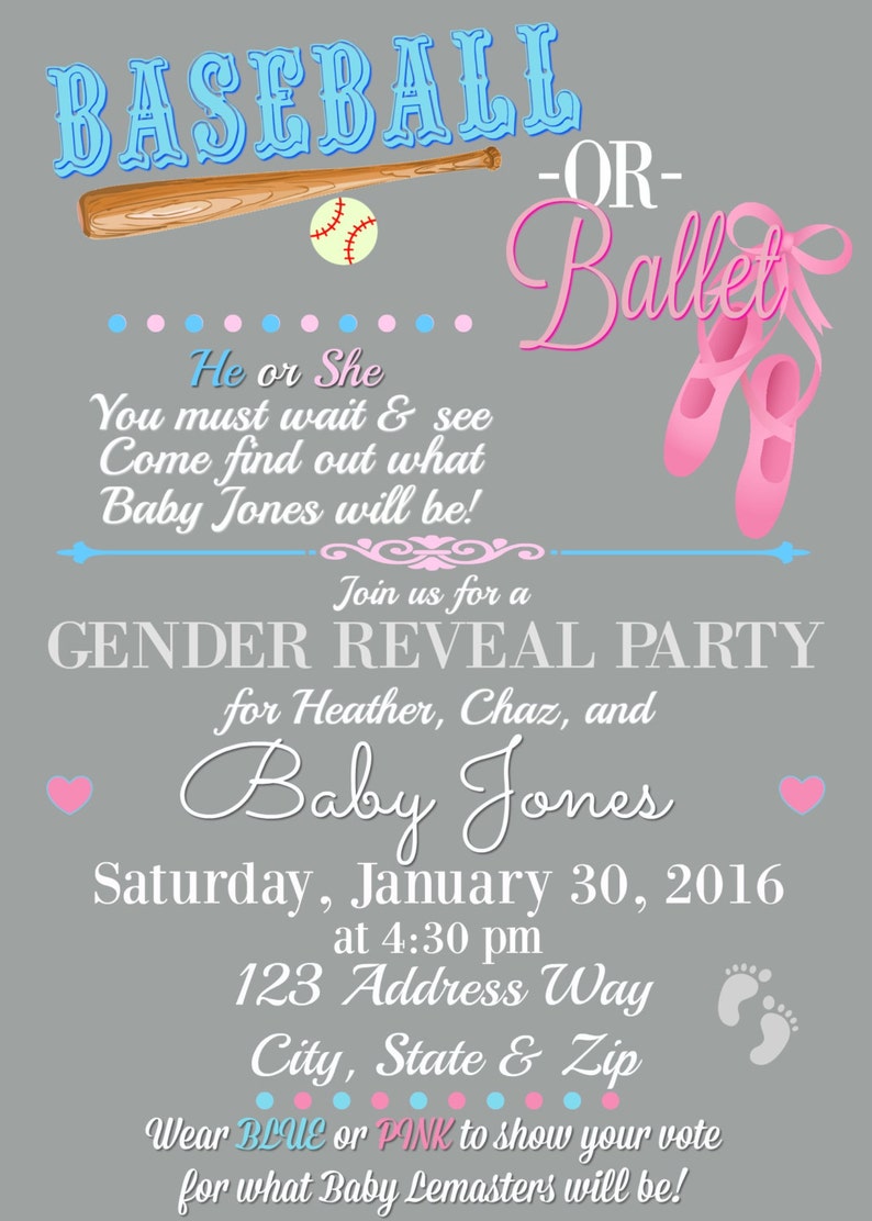 Gender Reveal Party Invitation Baseball or Ballet He or She What will baby be Digital Item Invitation Gender Reveal Party image 2