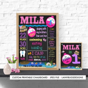 Pink O-fish-ally One Chalkboard Sign - Girl&#39;s First Birthday Chalkboard - Printable Birthday Signs - One Year Old Girl - Fishing Theme