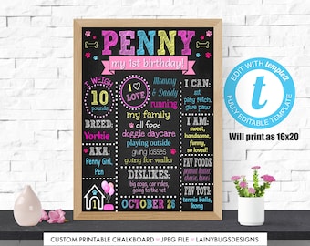 Dog's First Birthday Chalkboard - Pink Dog Chalkboard - Edit Yourself - Templett - One Year Old Dog Sign - Dog 1st Birthday - Colorful