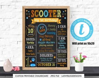 Dog's First Birthday Chalkboard Sign - Edit Yourself Birthday Sign - Puppy Pawty Birthday Decor - One Year Old Dog - Templett - Dog Birthday