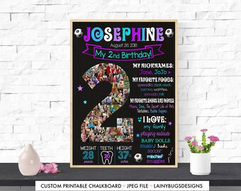 Girl's 2nd Birthday Photo Collage - Purple and Blue 2nd Birthday Chalkboard - Digital - Number 2 Collage - 2nd Birthday Photo Collage