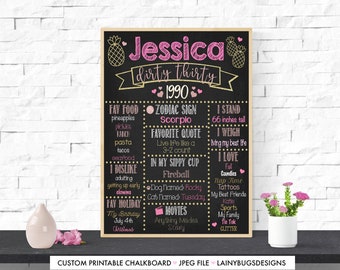 Pinapple 30th Birthday Chalkboard Sign - Print Yourself - Dirty Thirty Birthday Sign - 30th Birthday Poster - Pink and Gold - Gold Pineapple