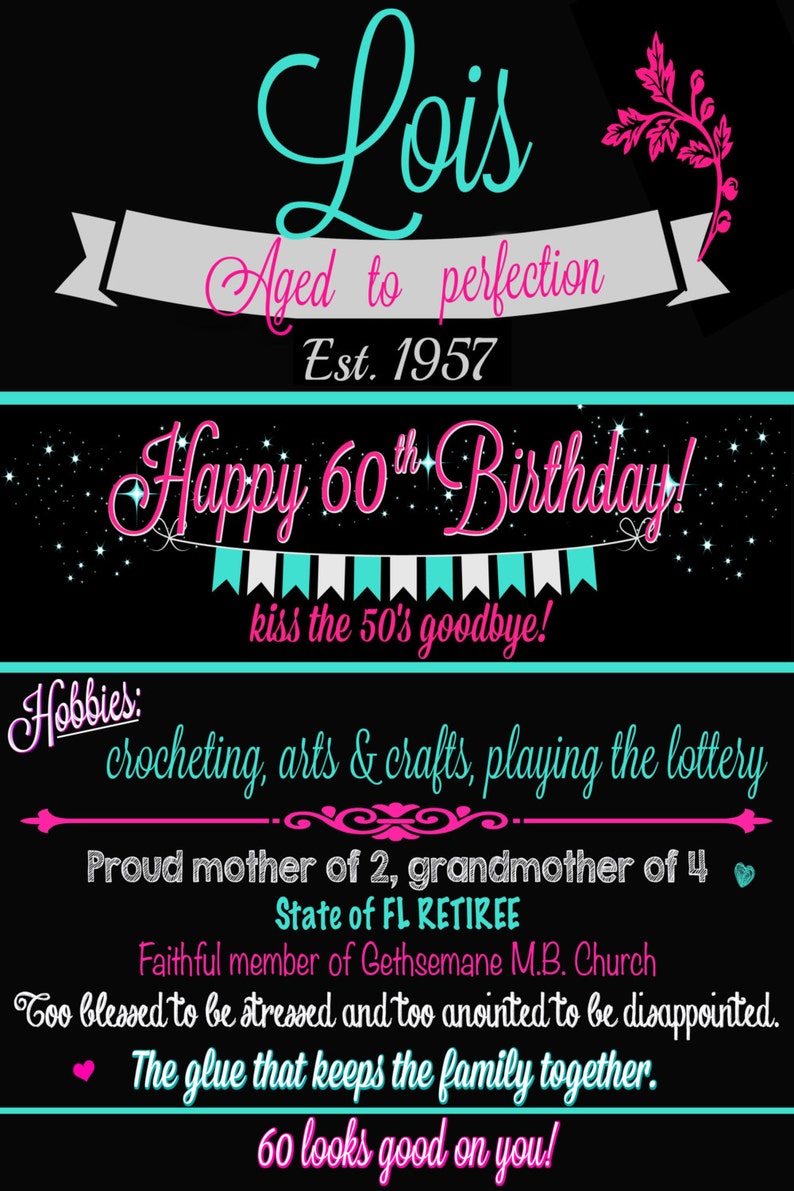 PERSONALIZED Aged to Perfection Woman/'s Birthday Chalkboard 60th Birthday Decor 60th Birthday Board File