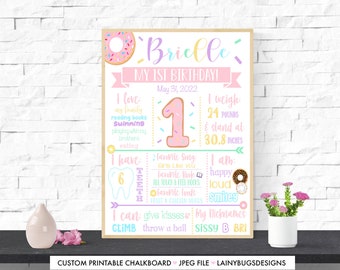 Donut premier anniversaire tableau - premier anniversaire de la fille tableau signe - coloré 1er anniversaire signe - imprimable tableau signe - saupoudrage