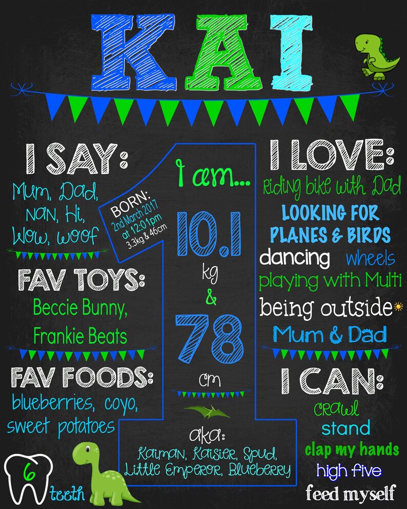 Dinosaur First Birthday Sign Chalkboard Sign Digital Dinosaur Birthday Sign First Birthday Chalkboard Boy Blue and Green 1st image 4