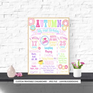 Könnte beinhalten: Ein rosa-blaues Schild im Kreidetafel-Stil mit einem Donut-Motiv. Das Schild lautet "Autumn, My Half Birthday, Born May 10, 2022". Es listet das Gewicht, die Größe, die Spitznamen des Kindes, was es sagt und was es mag und nicht mag auf.