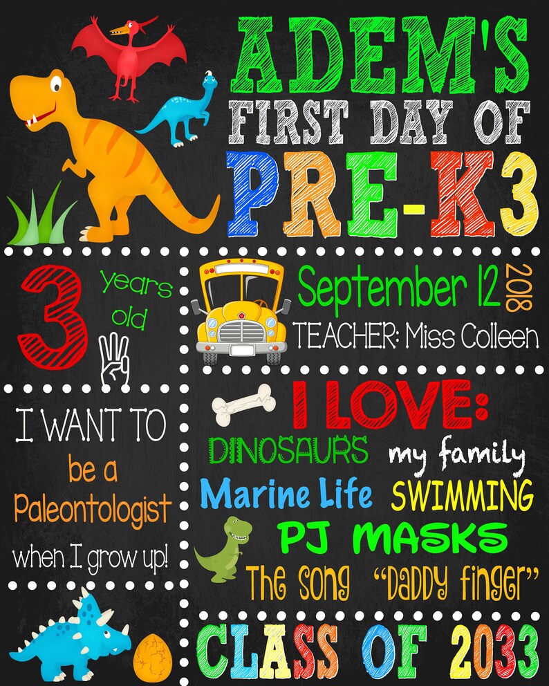 Dinosaur pre k chalkboard digital first day of pre k etsy