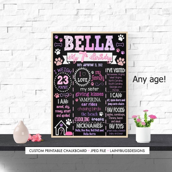 Chalkboard 7. Geburtstag des Hundes - JEDES Alter - rosa und lila Chalkboard-Schild - druckbares Chalkboard-Schild - 1. Geburtstag Chalkboard - Individuell