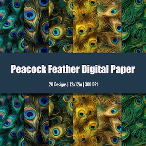 Realistic Peacock Feather - Premium Digital Paper Seamless Design - Printable Scrapbook Paper Set - Peacock Feather Texture - Commercial Use