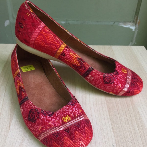 Bright red, hand embroidered, Guatemalan textiles, slip on flats