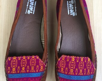 Plum tones, Guatemalan textiles, boho wear, casual slip on loafers, moccasins, handmade and embroidered