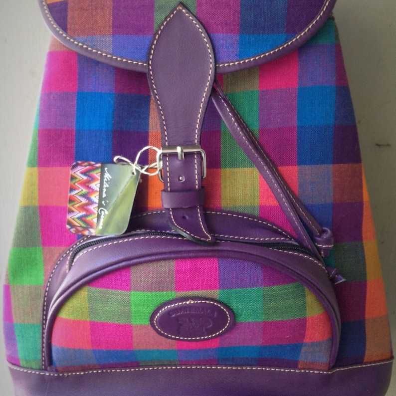 Handmade retro ON SALE! school bag travel bag Purple leather Backpack Guatemalan fabrics
