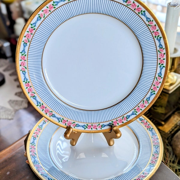 Darling Vintage Set Of Two Christian Dior 1990s Salad / Dessert Plates In The Dior Rose Pattern With Pink Roses Blue Bows And Gold Details