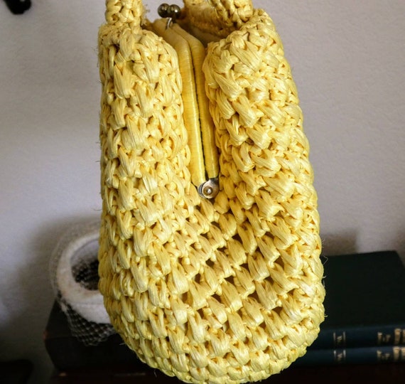 Vintage Canary Yellow Woven Raffia Three Compartm… - image 5