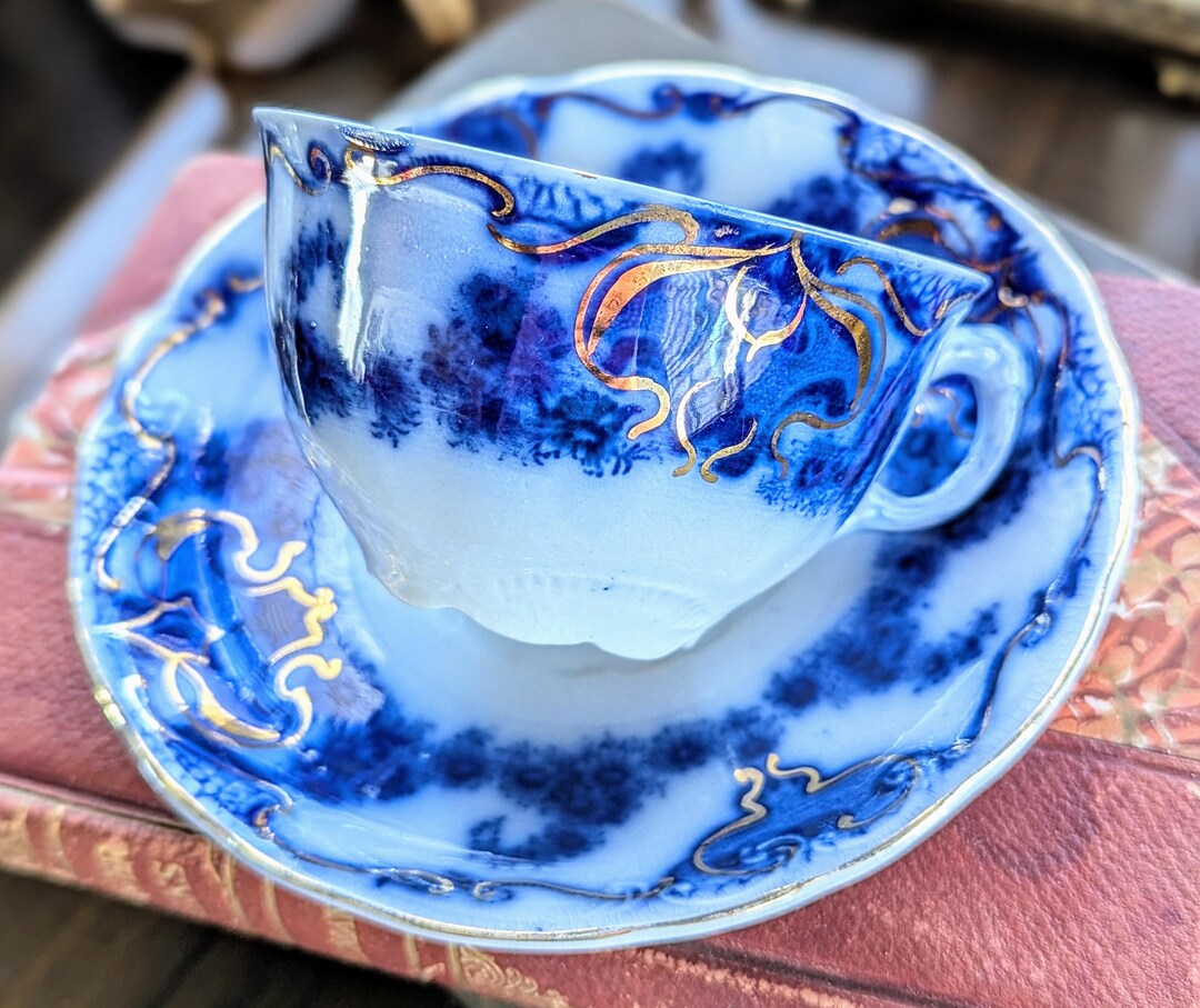 Antique Flow Blue Teacup & Saucer: Upper Hanley Venice Pattern - Etsy