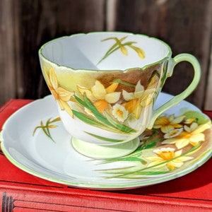 Shelley Daffodil Tea Cup and Saucer Set: Richmond Bone China, Mint Green Accent