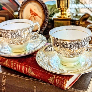 Vintage Set Of Two Colclough Bone China Footed Gold Floral Chintz With Soft Mint Green Bases Teacup & Saucer Sets Made In Longton England