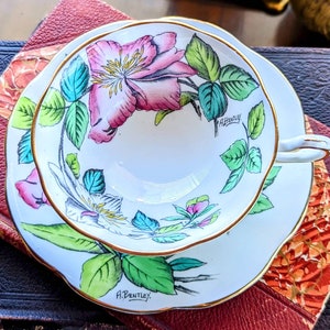 Vintage Rosina Bone China Teacup and Saucer: Floral, Signed A. Bentley, 1950s
