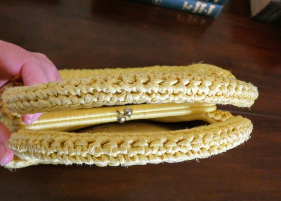 Vintage Canary Yellow Woven Raffia Three Compartm… - image 7