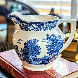 Vintage Royal Tudor Ware Creamer: Blue Transferware Olde England Jug